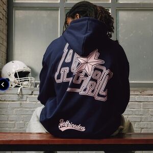 Small Aelfric Eden Vintage Print Hoodie. Navy blue with pink decal.